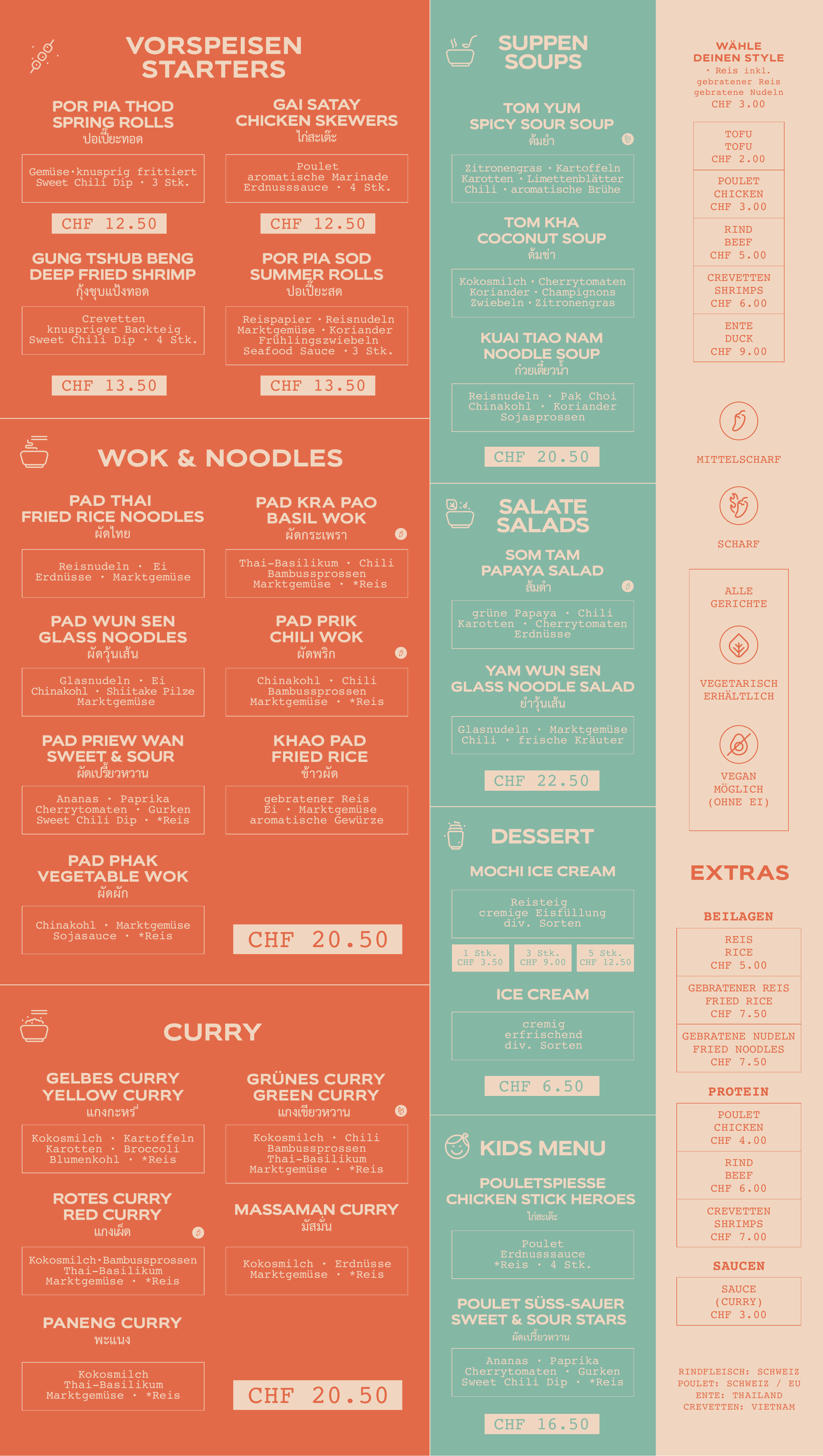 BYTHAI Menükarte mit Vorspeisen, Wok & Noodles, Currys, Suppen, Salaten, Dessert, Kids Menu und Extras